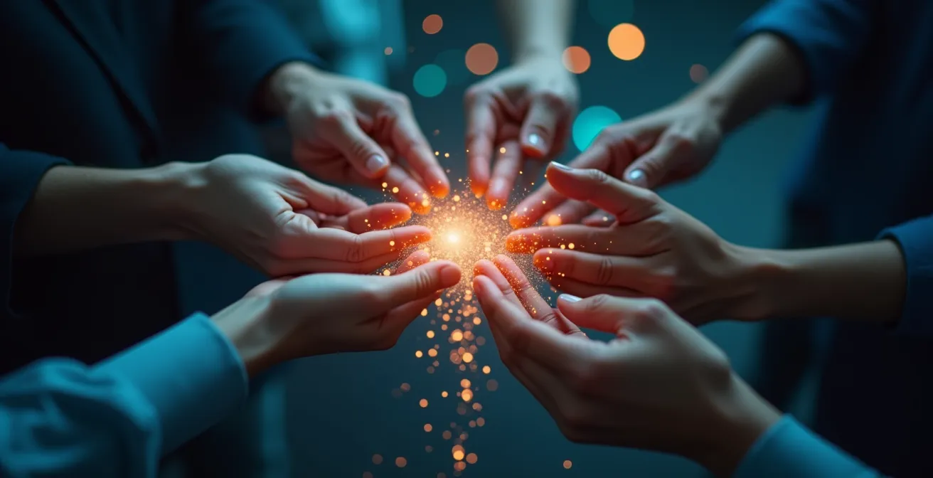 Medium shot of hands collaboratively connecting symbolic glowing nodes of a digital twin network representing interoperability and teamwork