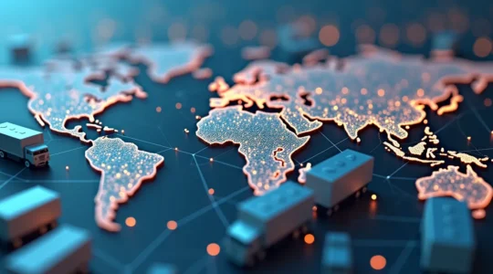 Photorealistic editorial image of a digital twin representation of a global supply chain with interconnected nodes and flowing data lines, clean background with negative space for text overlay, cinematic lighting