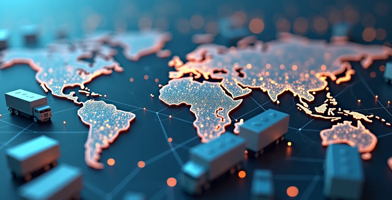 Photorealistic editorial image of a digital twin representation of a global supply chain with interconnected nodes and flowing data lines, clean background with negative space for text overlay, cinematic lighting