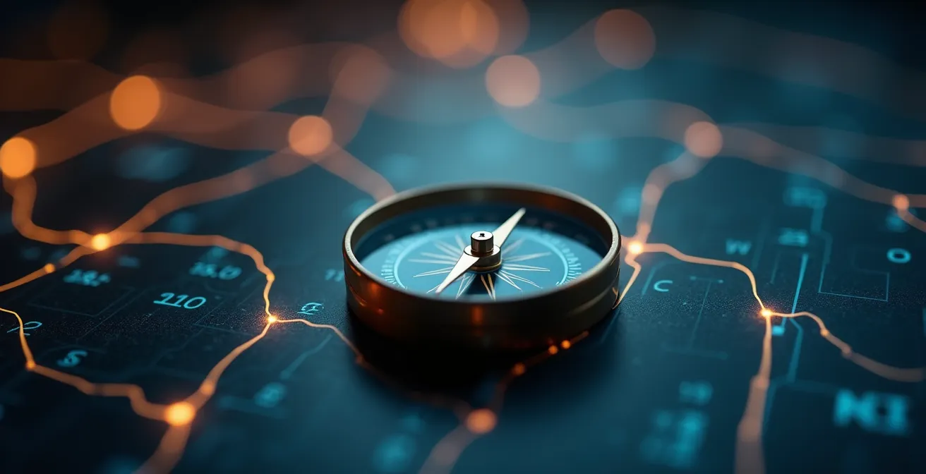 Symbolic image of a compass superimposed over an abstract digital network illustrating governance and fairness