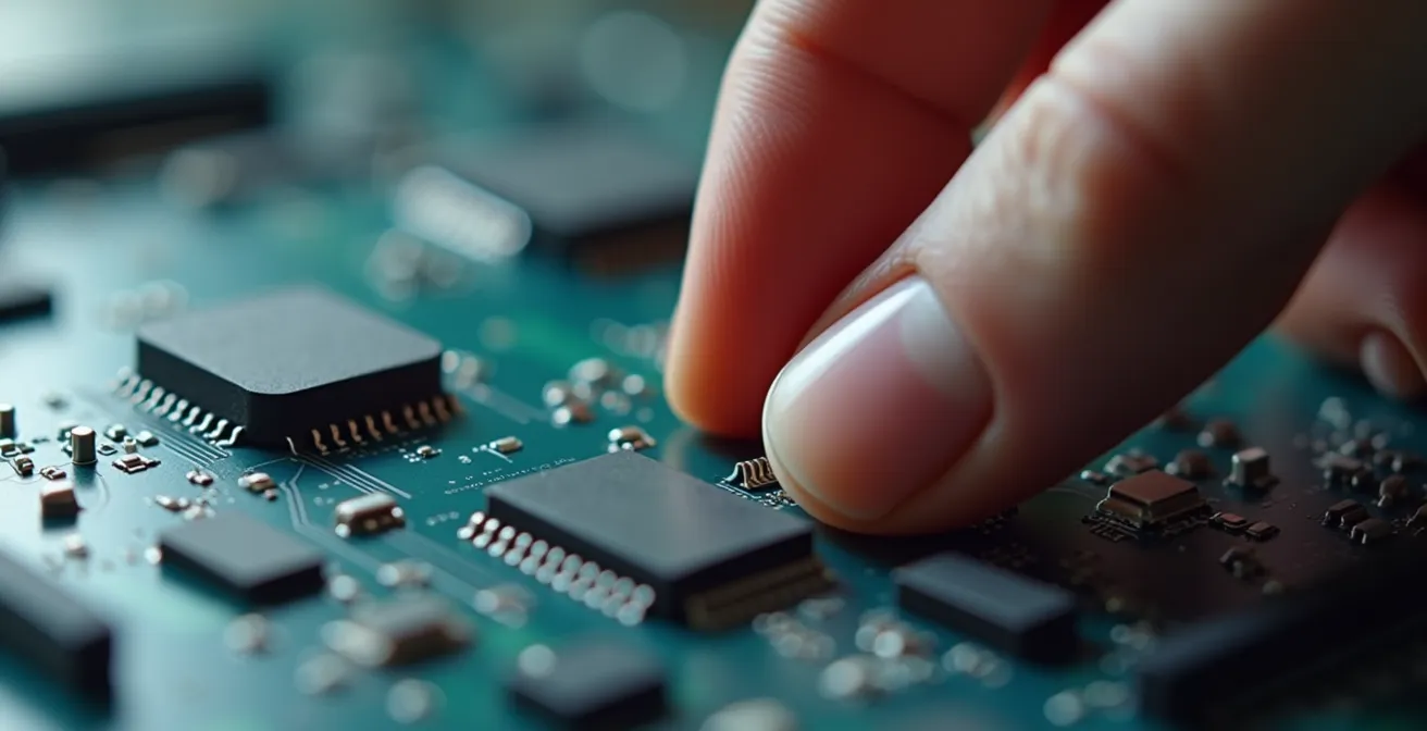 Macro photograph of a person’s hand interacting with a detailed digital twin hardware component depicting micro textures and intricate design