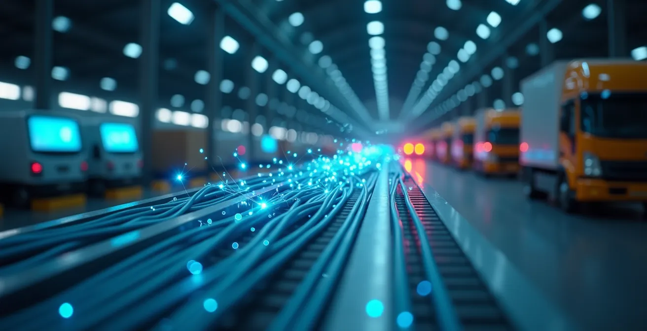 Schéma conceptuel montrant réseau fibre optique et 5G dans un environnement logistique