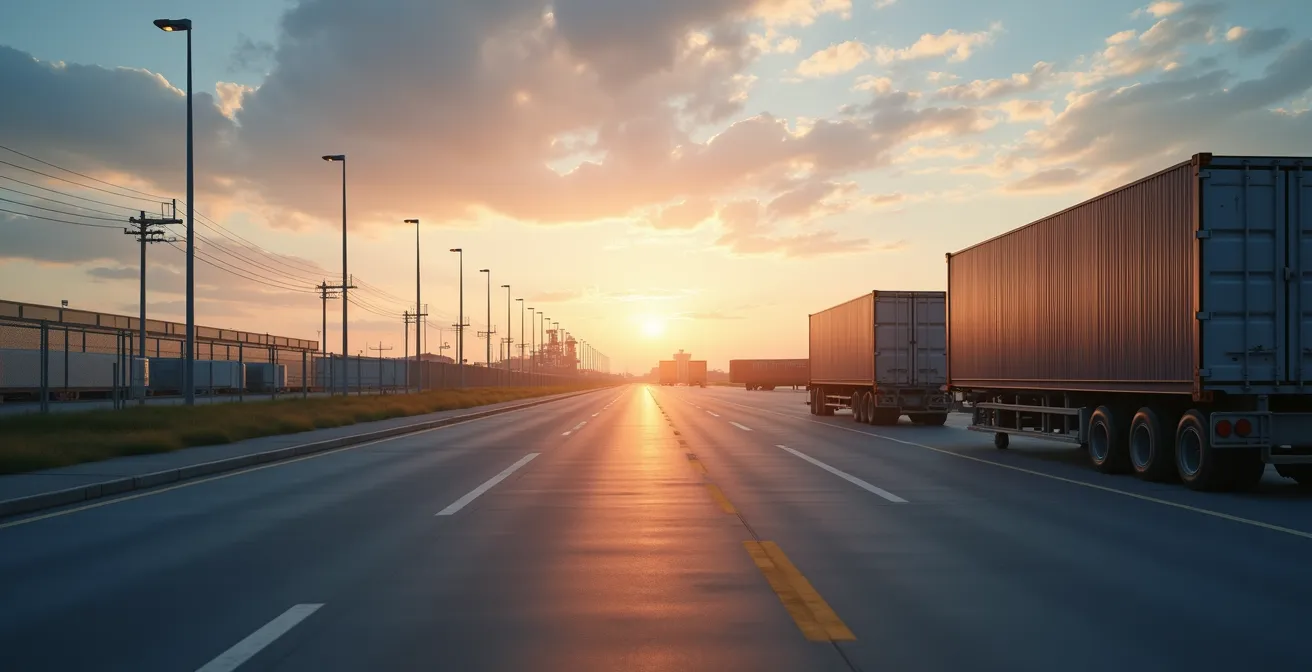 Wide environmental shot of a modern industrial landscape with logistics operations under moody natural light, emphasizing vastness and minimalistic composition
